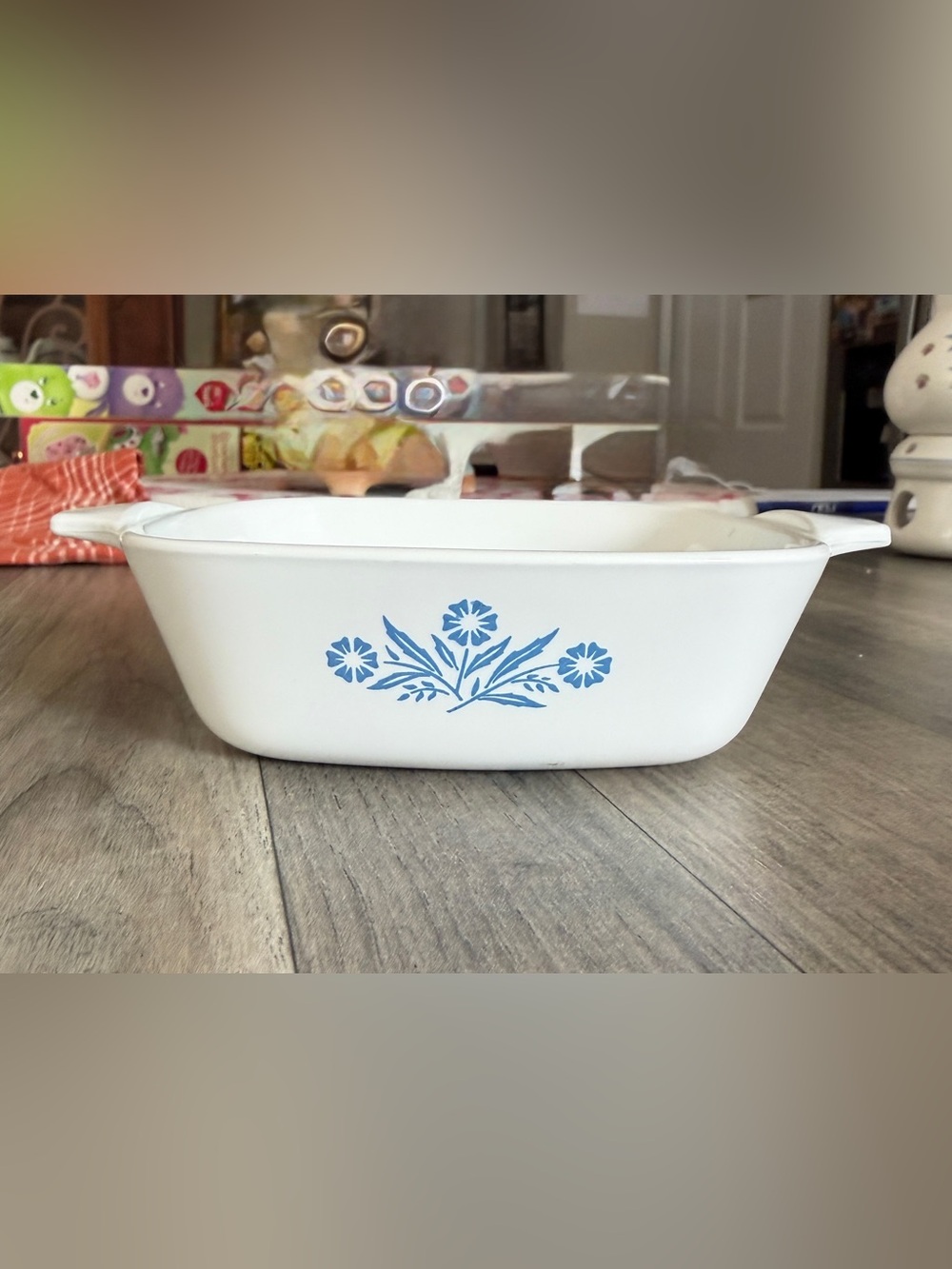 Corningware White Casserole Dish with Blue Floral Motif